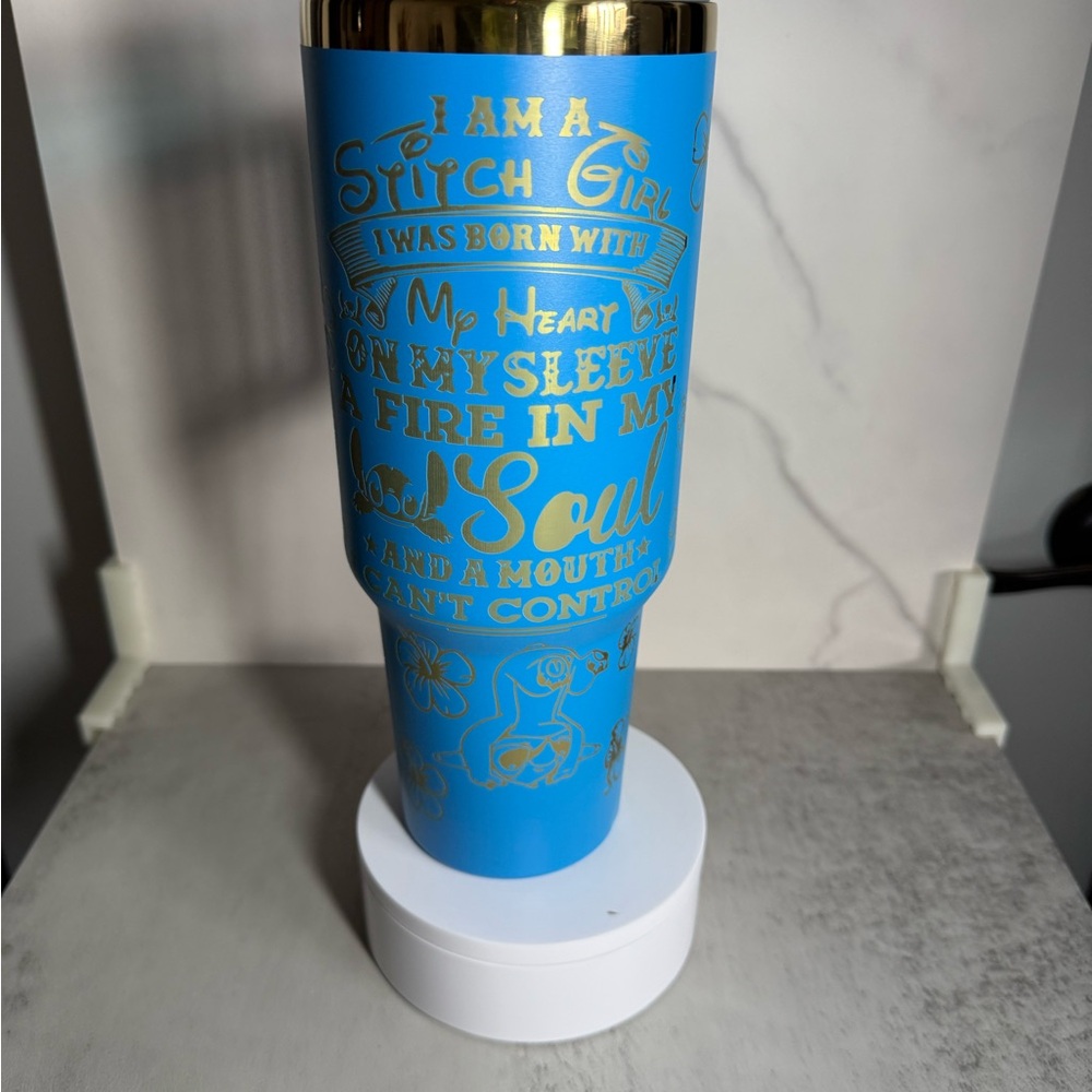 Engraved Stitch Blue Insulated Tumbler with Gold Accents